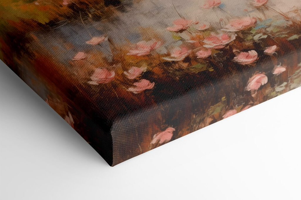 Painting of a lake with flowers