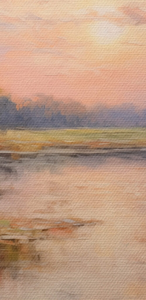 Painting of a lake with flowers