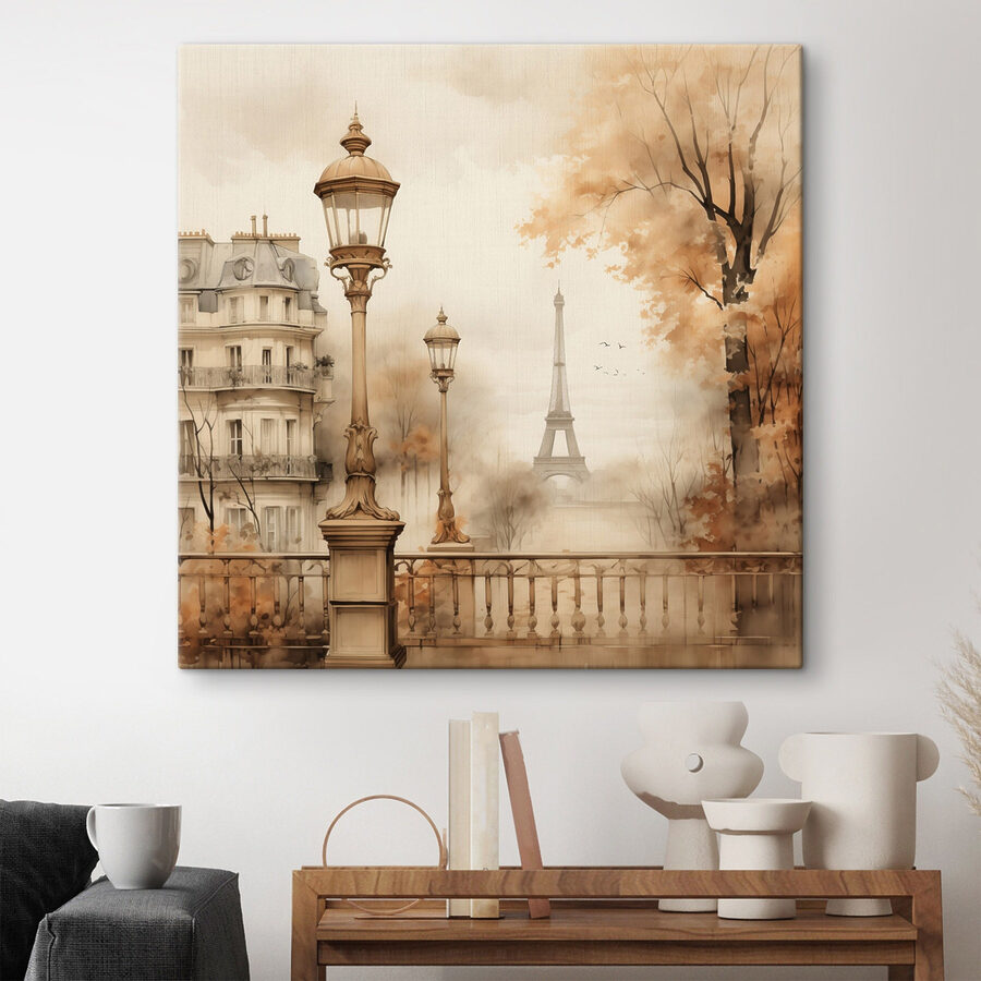 Straatlantaarn en bomen met een toren op de achtergrond