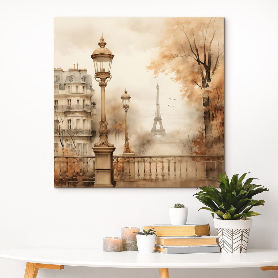 Straatlantaarn en bomen met een toren op de achtergrond