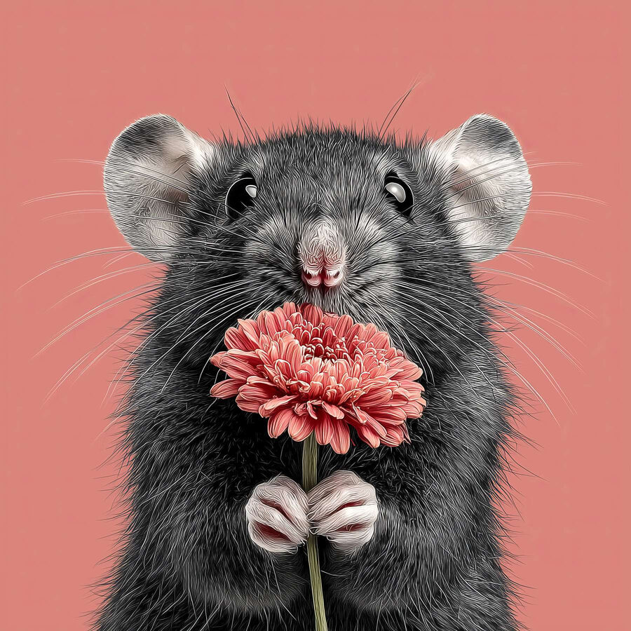Muis die een bloem vasthoudt