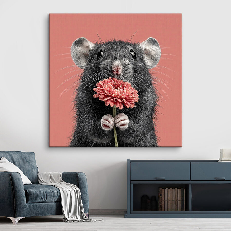 Muis die een bloem vasthoudt