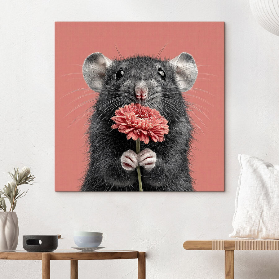 Muis die een bloem vasthoudt