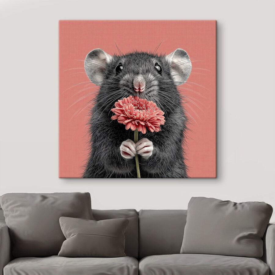 Muis die een bloem vasthoudt