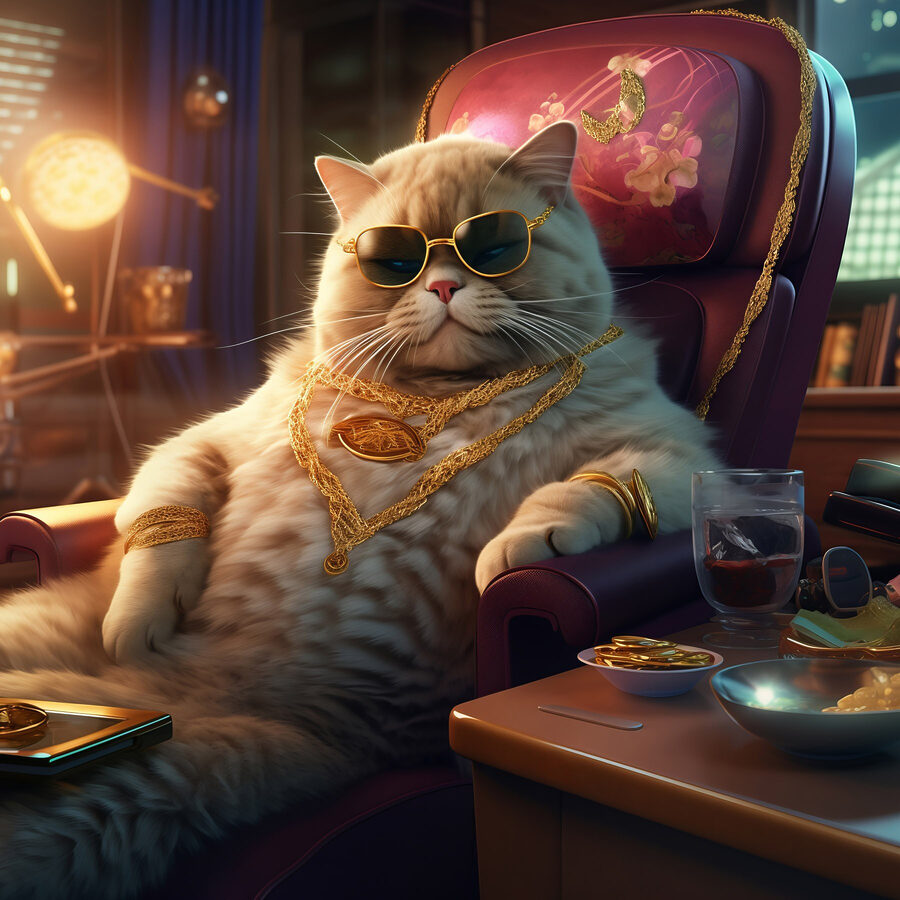 Kat met zonnebril en ketting, zittend in een stoel