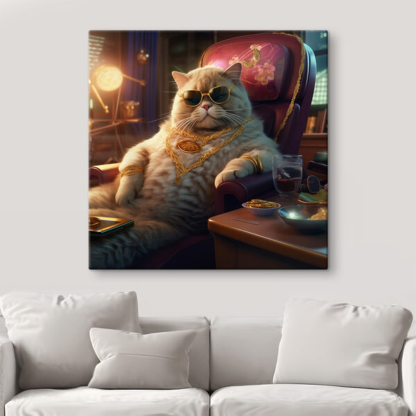Kat met zonnebril en ketting, zittend in een stoel Kat met zonnebril en ketting, zittend in een stoel