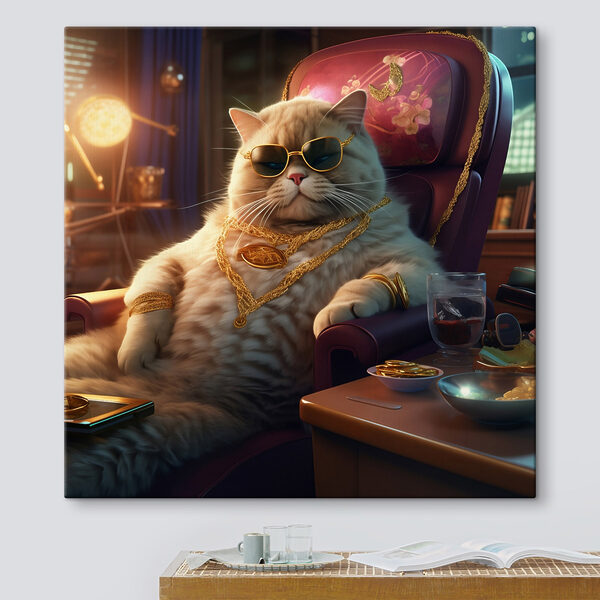 Kat met zonnebril en ketting, zittend in een stoel Kat met zonnebril en ketting, zittend in een stoel