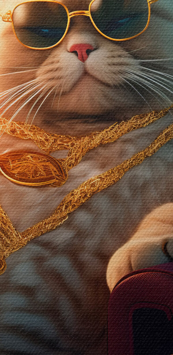Kat met zonnebril en ketting, zittend in een stoel Kat met zonnebril en ketting, zittend in een stoel