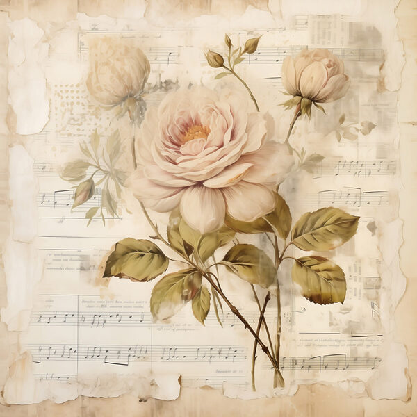 Schilderij van bloemen op een blad muziek Schilderij van bloemen op een blad muziek
