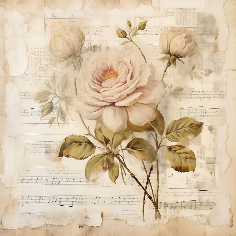 Schilderij van bloemen op een blad muziek