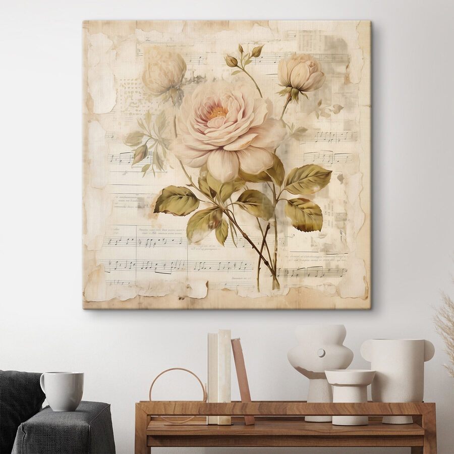 Schilderij van bloemen op een blad muziek