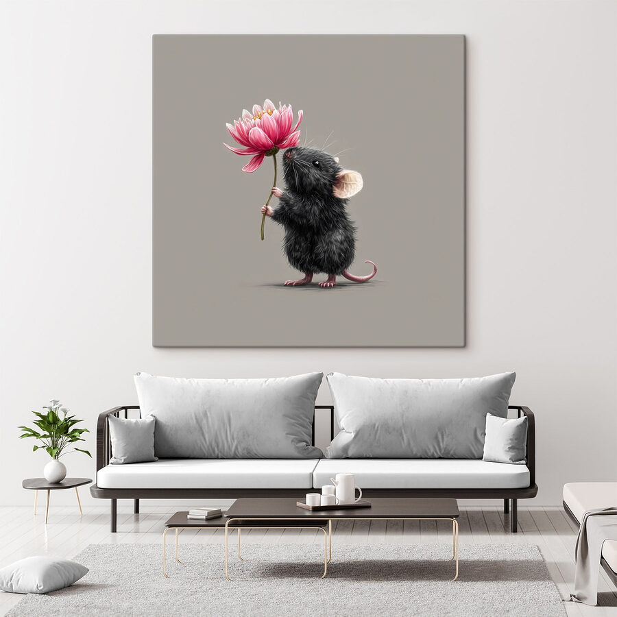 Muis die een bloem vasthoudt