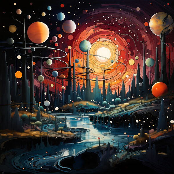 Landschap met bomen en planeten Landschap met bomen en planeten