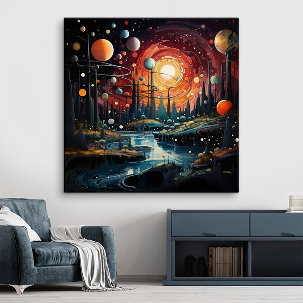 Landschap met bomen en planeten Landschap met bomen en planeten