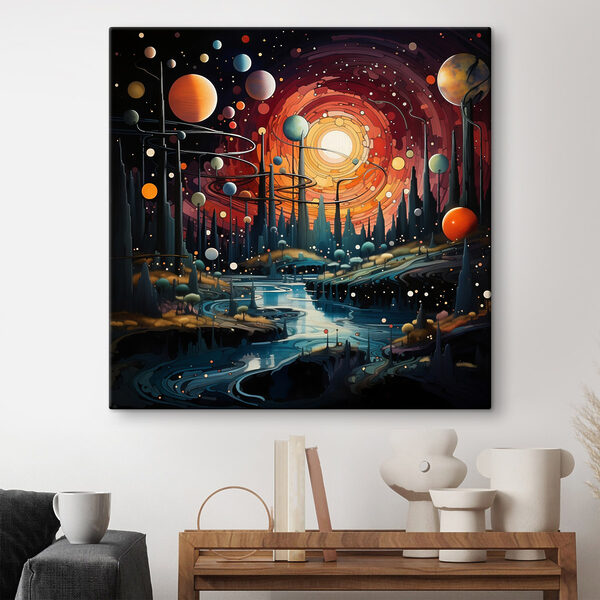 Landschap met bomen en planeten Landschap met bomen en planeten