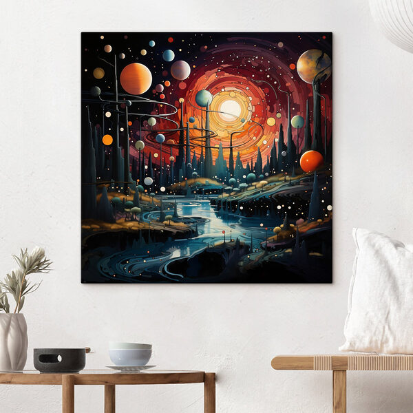 Landschap met bomen en planeten Landschap met bomen en planeten