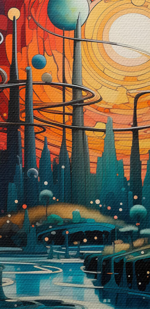 Landschap met bomen en planeten Landschap met bomen en planeten