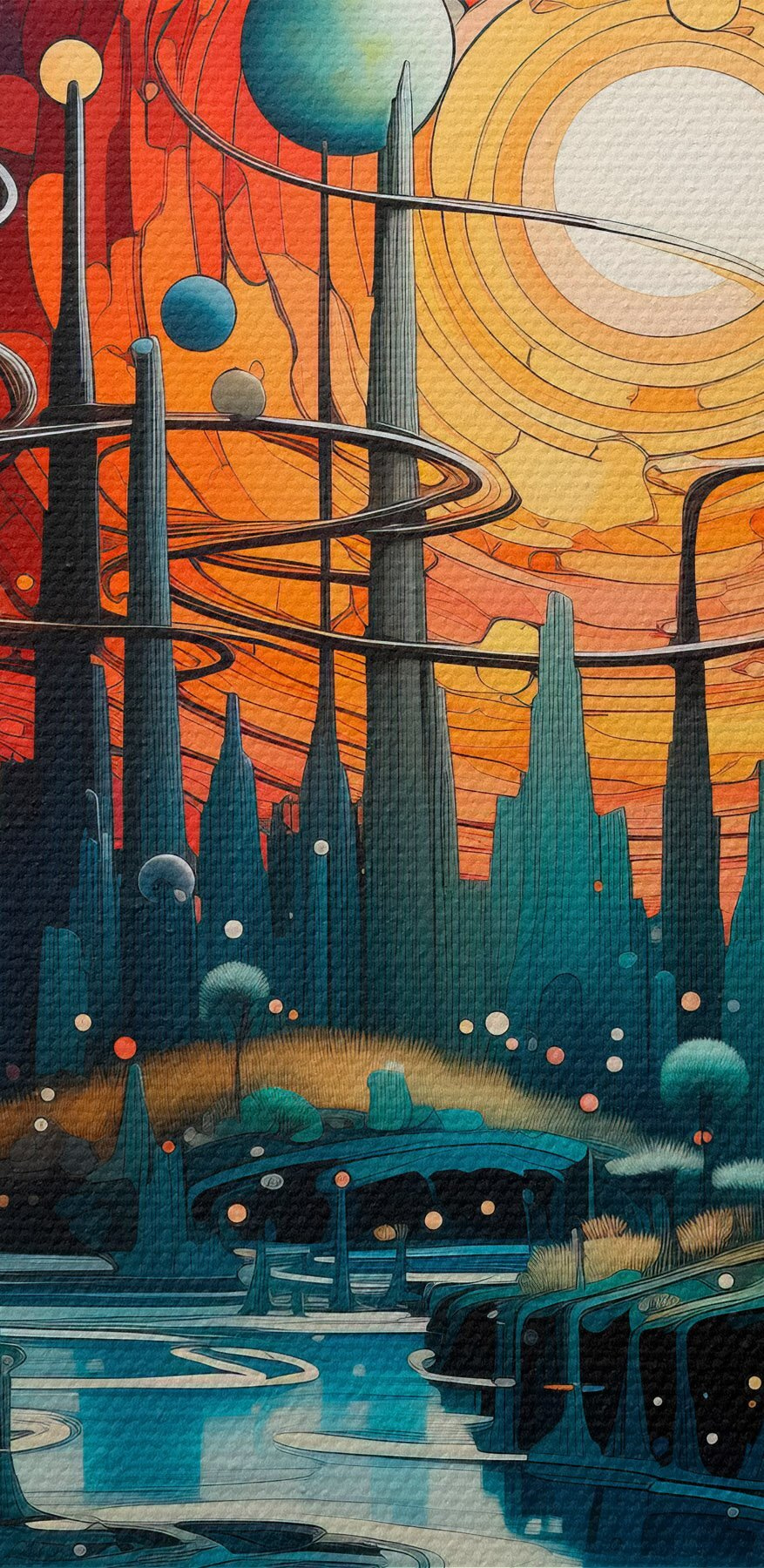 Landschap met bomen en planeten Landschap met bomen en planeten
