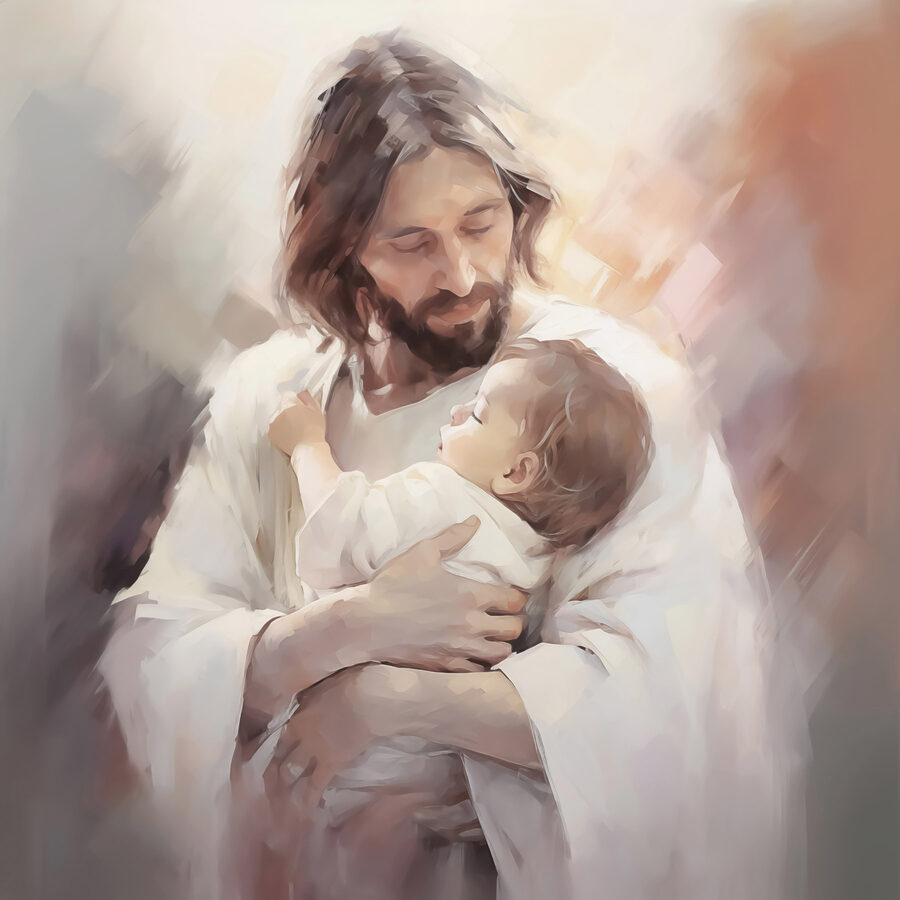 Schilderij van een man die een baby vasthoudt