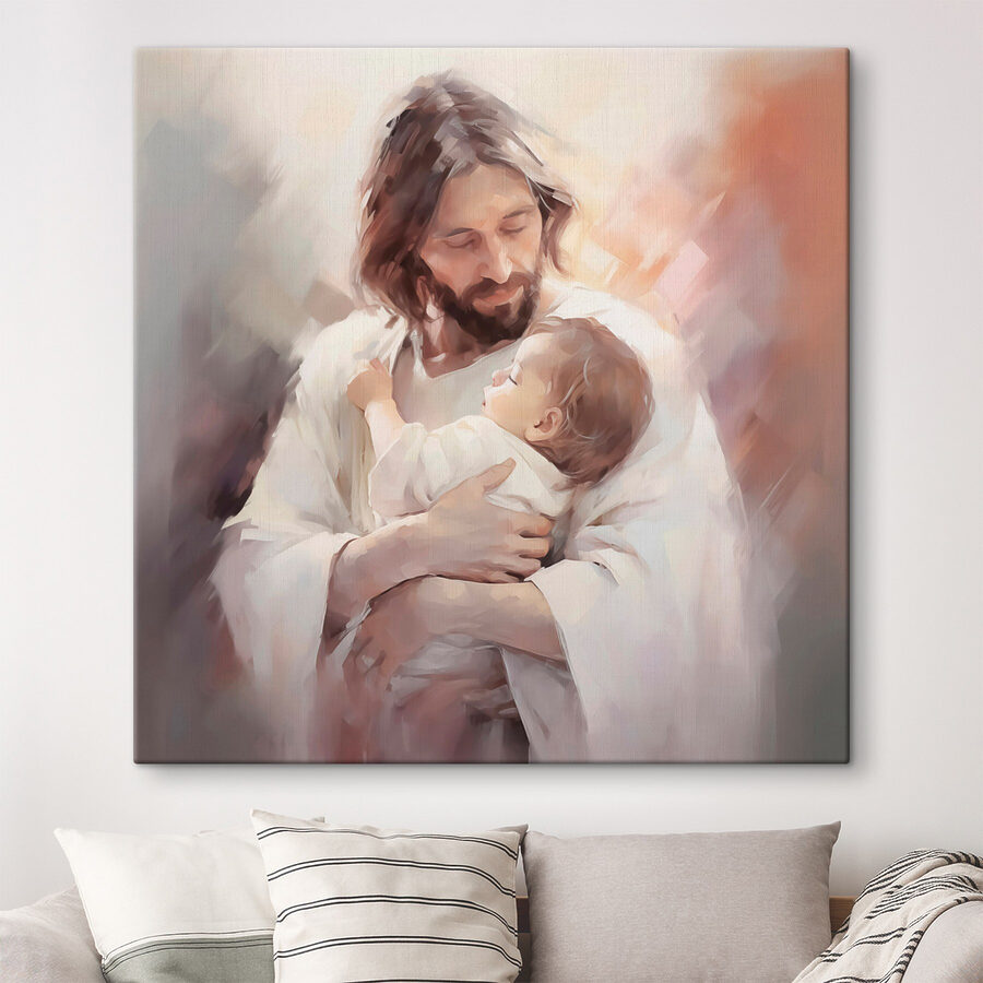 Schilderij van een man die een baby vasthoudt