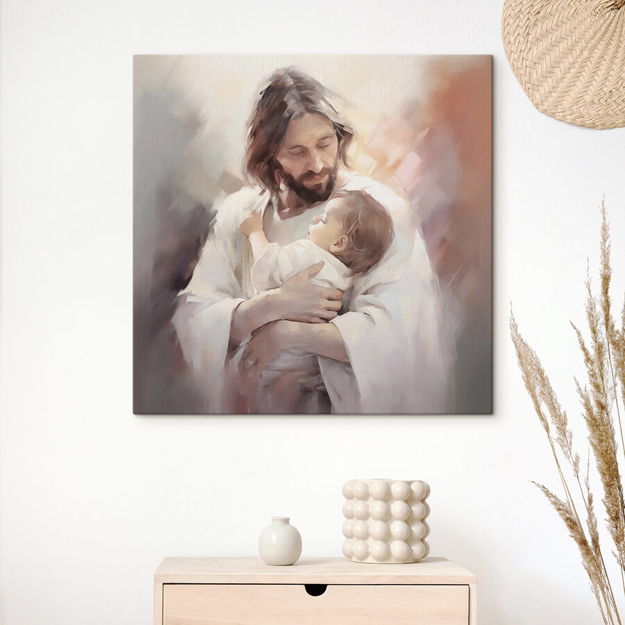 Schilderij van een man die een baby vasthoudt