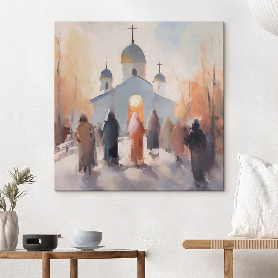 Groep mensen loopt voor een kerk