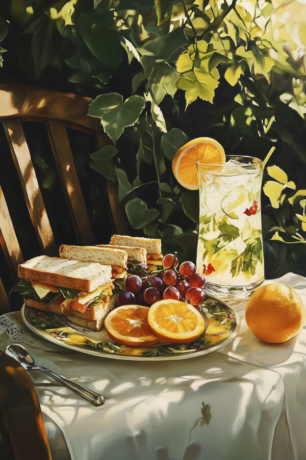 Bord met broodjes en fruit op een tafel Bord met broodjes en fruit op een tafel