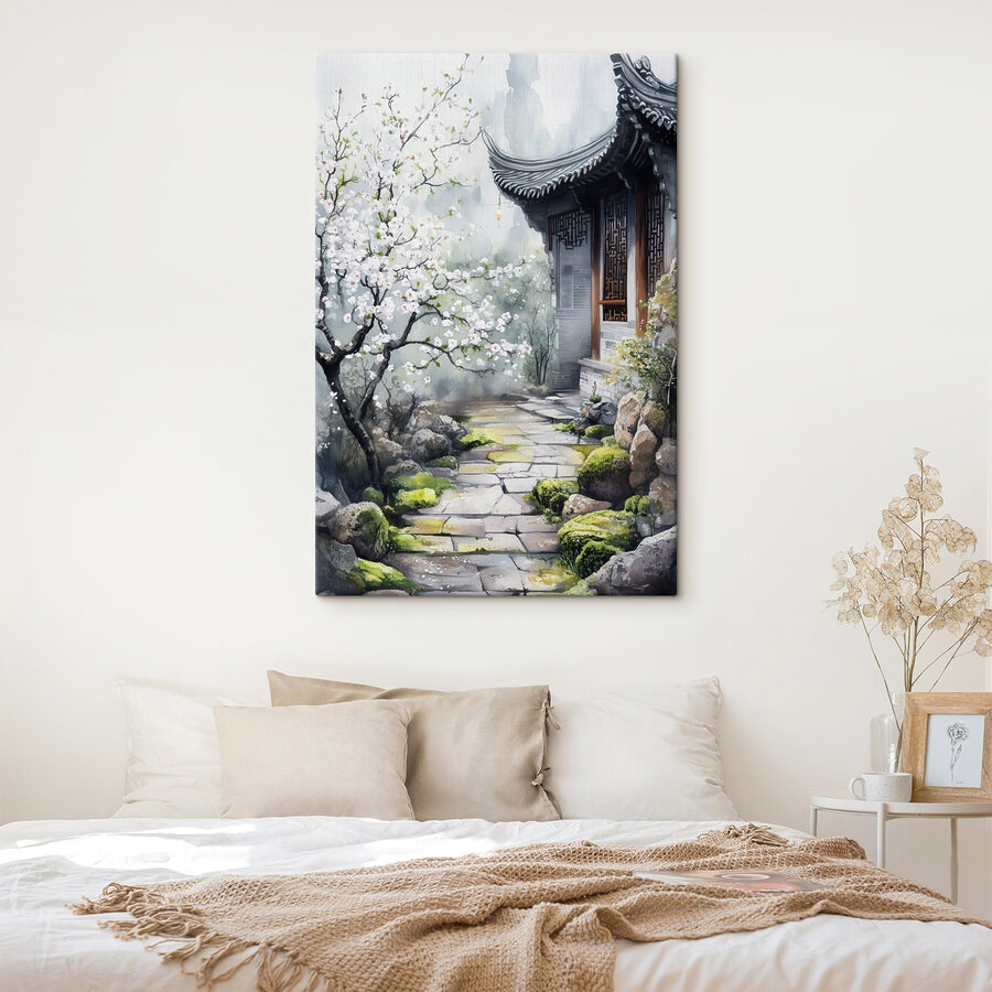 Schilderij van een gebouw met een boom en bloemen