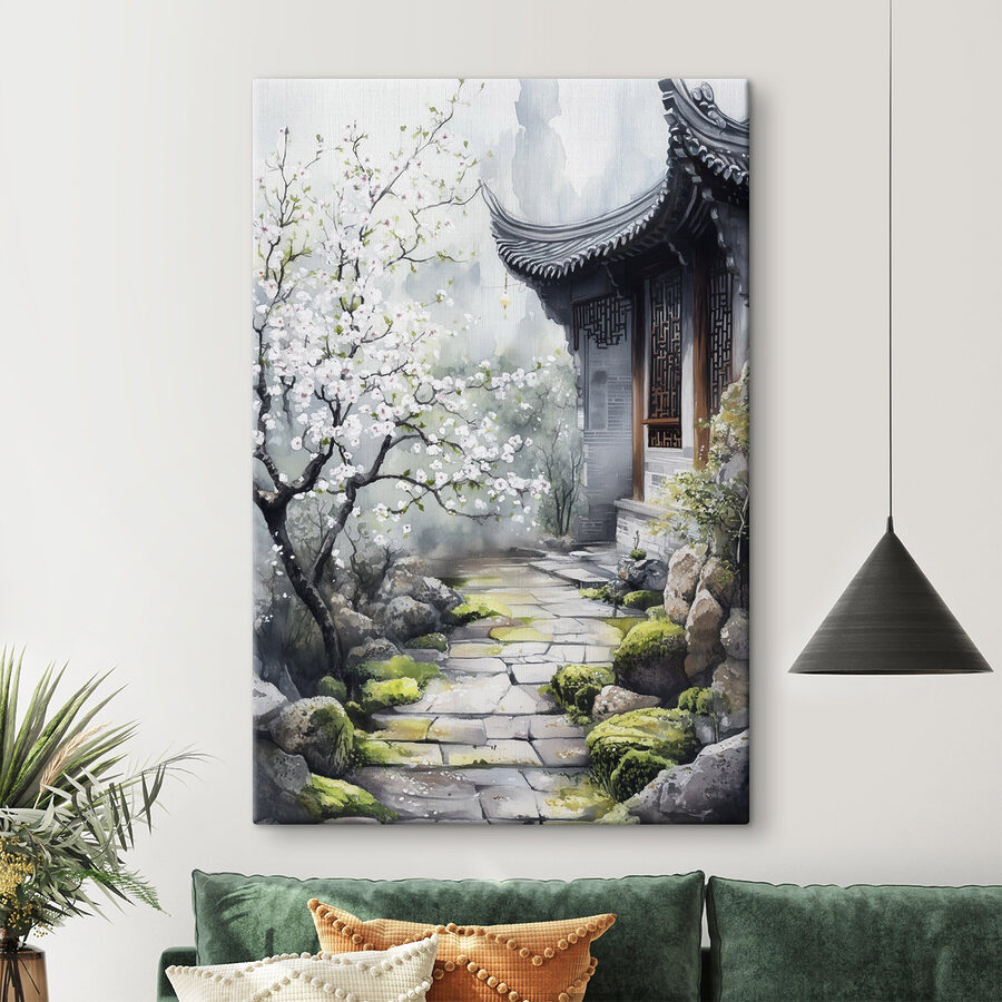 Schilderij van een gebouw met een boom en bloemen