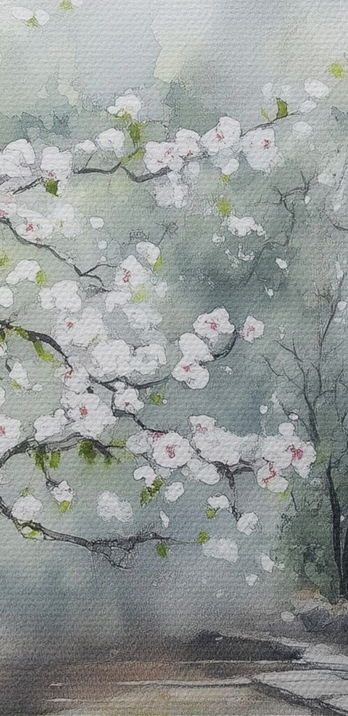 Painting of a building with a tree and flowers