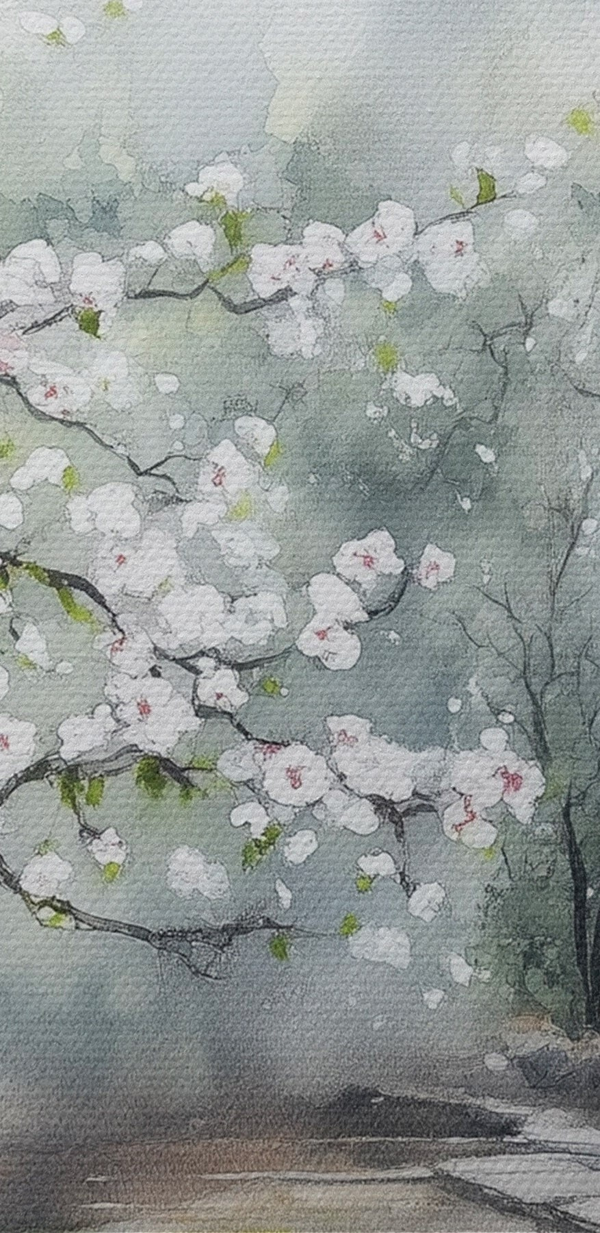 Schilderij van een gebouw met een boom en bloemen