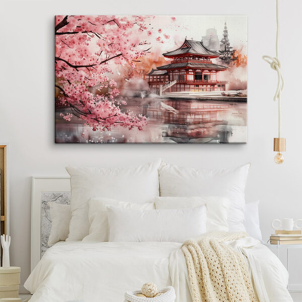 Aquarelverfschilderij van een gebouw en een kersenbloesemboom Aquarelverfschilderij van een gebouw en een kersenbloesemboom