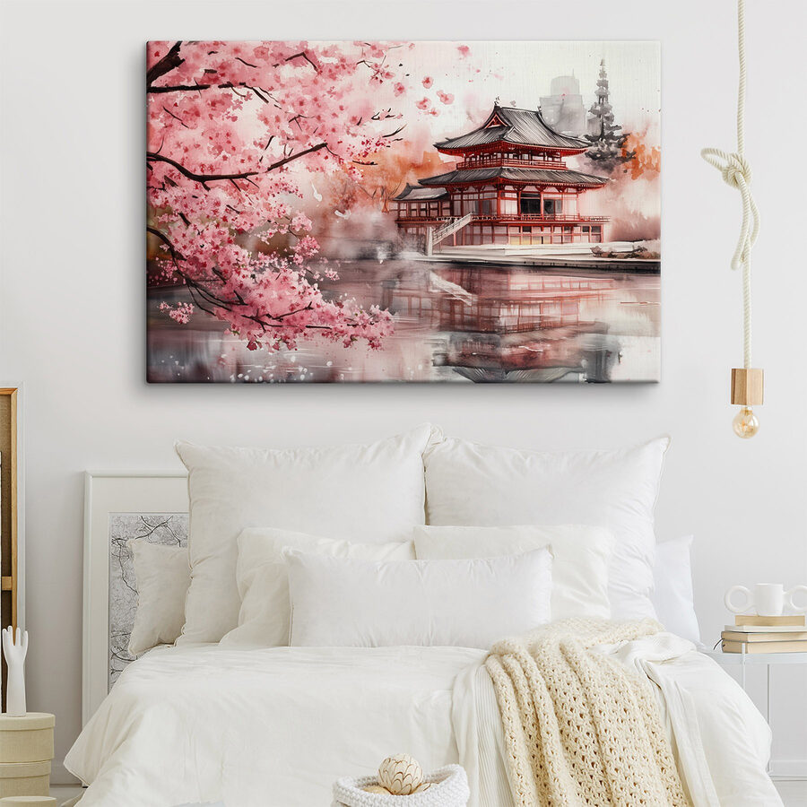 Aquarelverfschilderij van een gebouw en een kersenbloesemboom