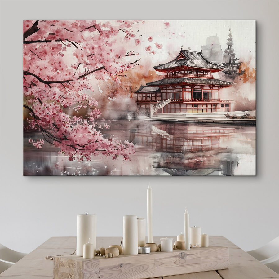 Aquarelverfschilderij van een gebouw en een kersenbloesemboom