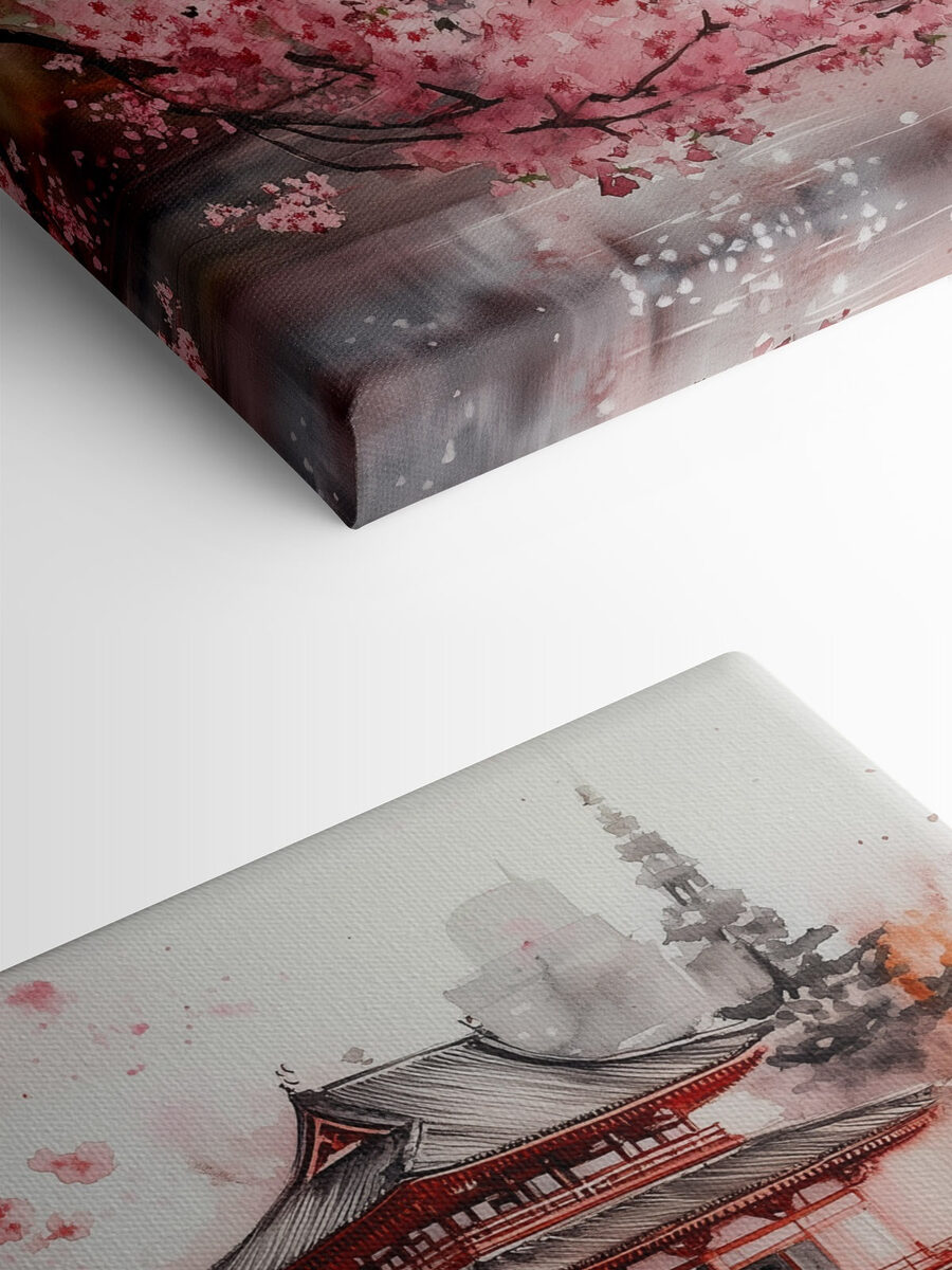 Aquarelverfschilderij van een gebouw en een kersenbloesemboom