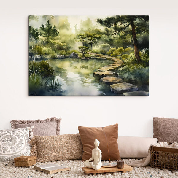 Aquarelverfschilderij van een pad naar een vijver Aquarelverfschilderij van een pad naar een vijver