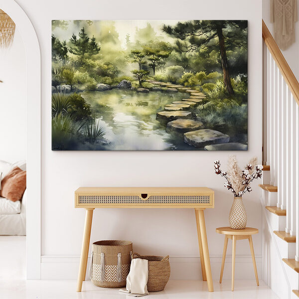 Aquarelverfschilderij van een pad naar een vijver Aquarelverfschilderij van een pad naar een vijver