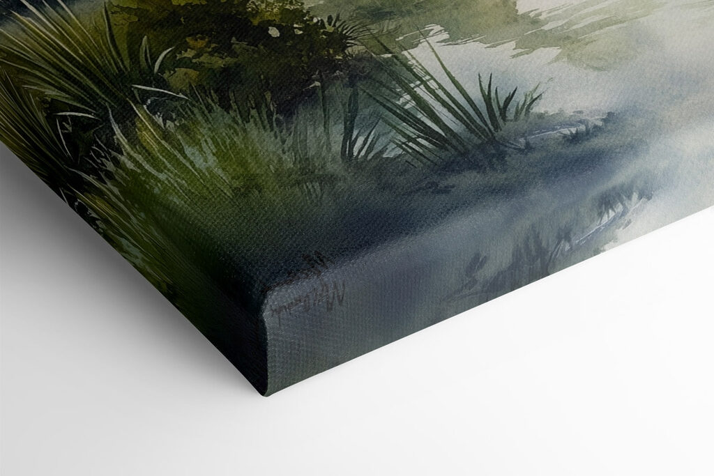 Watercolor painting of a path leading to a pond