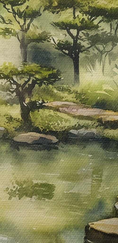 Watercolor painting of a path leading to a pond