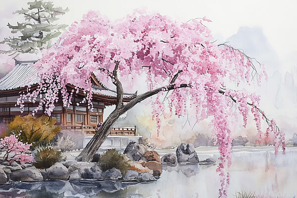 Aquarel van een boom met roze bloemen s44312p 600x400 - Aquarel van een boom met roze bloemen
