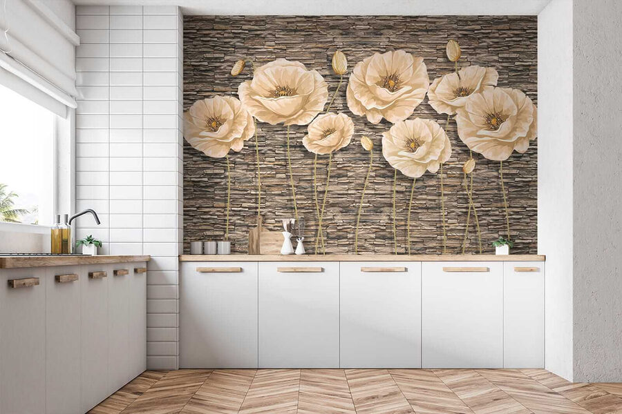 Groep bloemen op een bakstenen muur Groep bloemen op een bakstenen muur