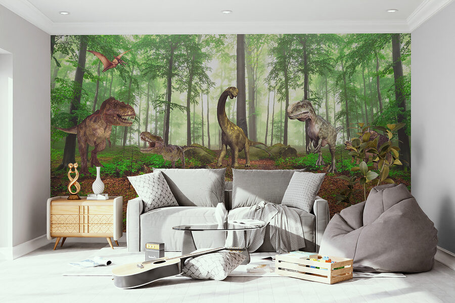 Groep dinosaurussen in een bos