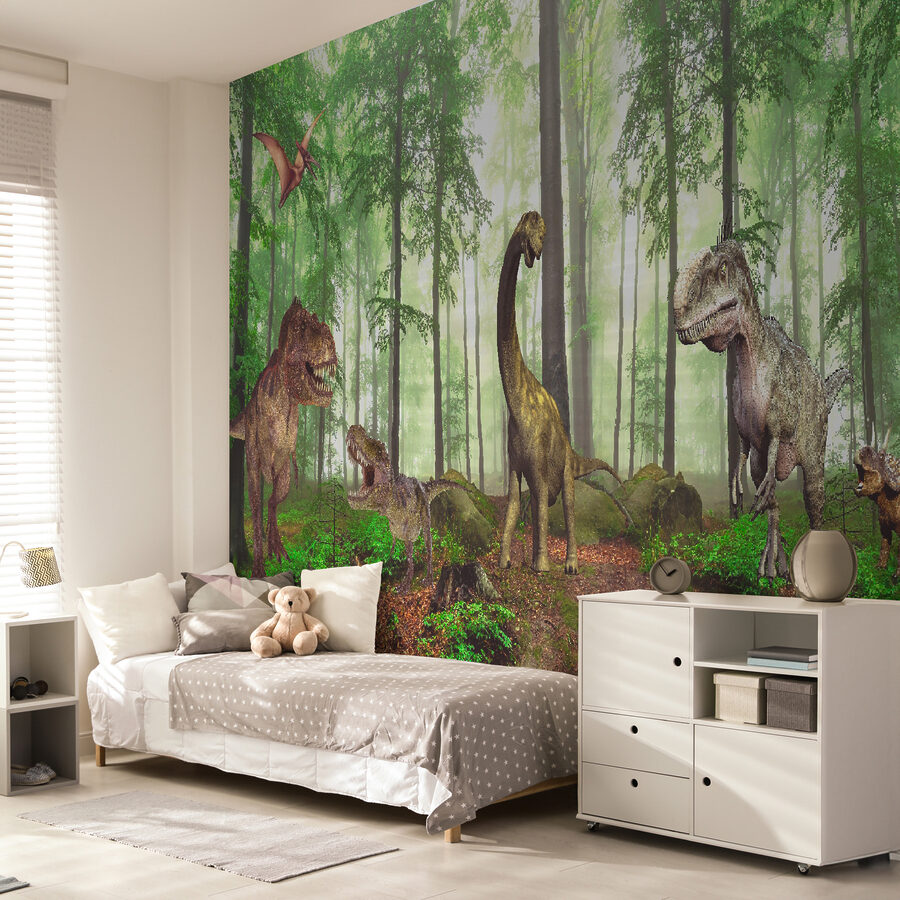 Groep dinosaurussen in een bos