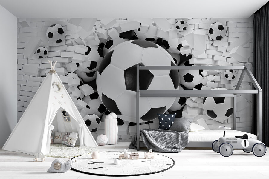 Groep voetballen in een stapel bakstenen