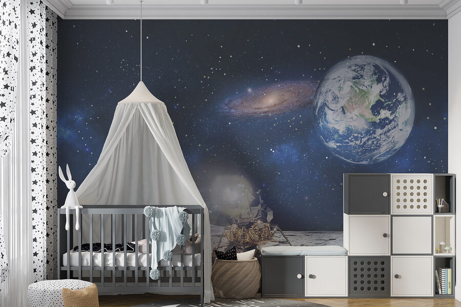 Fotobehang Maan met een planeet en sterren en een planeet op de achtergrond - Afbeelding 2