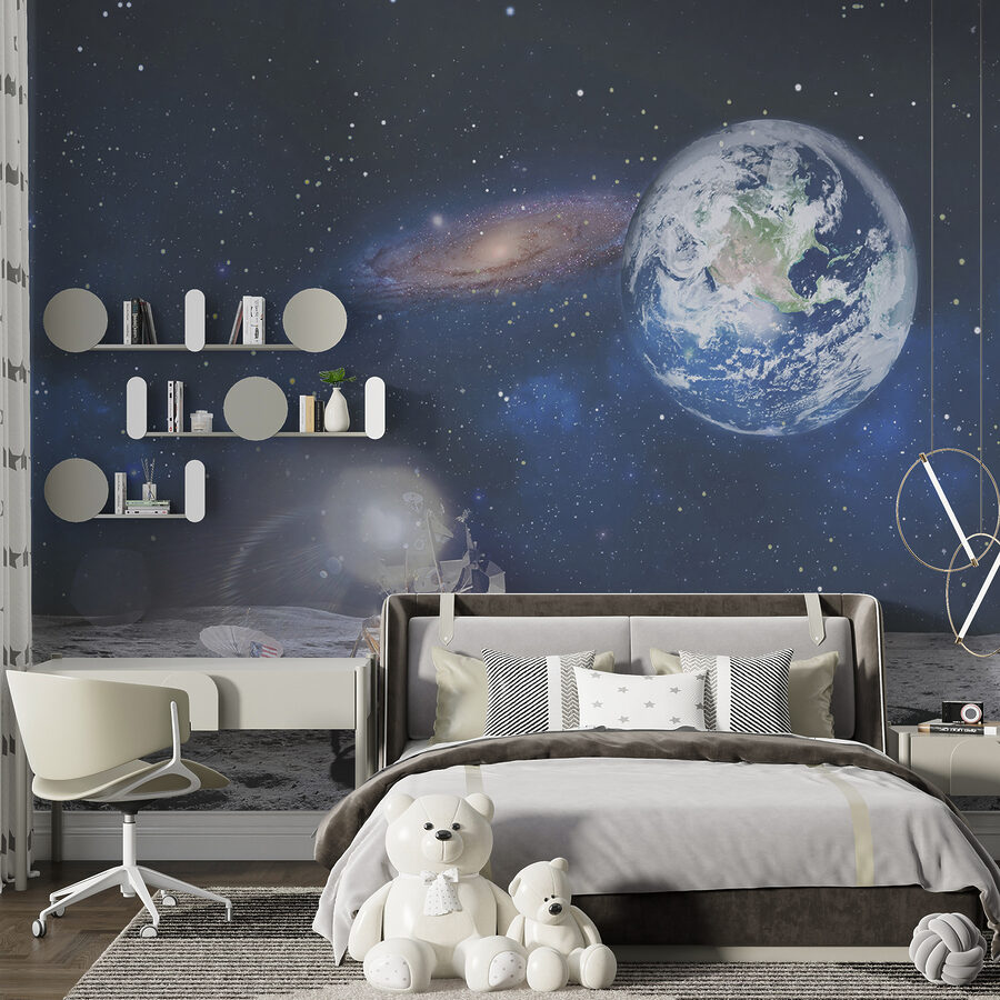 Fotobehang Maan met een planeet en sterren en een planeet op de achtergrond - Afbeelding 3