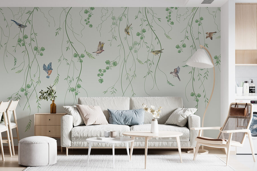 Behang met vogels en wijnranken