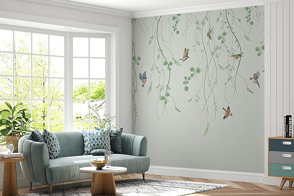 Behang met vogels en wijnranken Behang met vogels en wijnranken