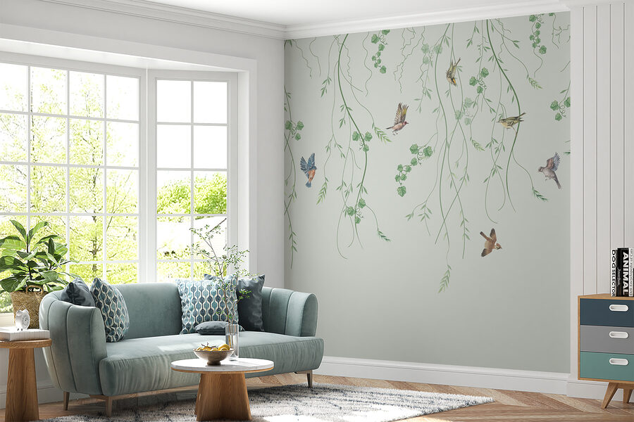 Behang met vogels en wijnranken