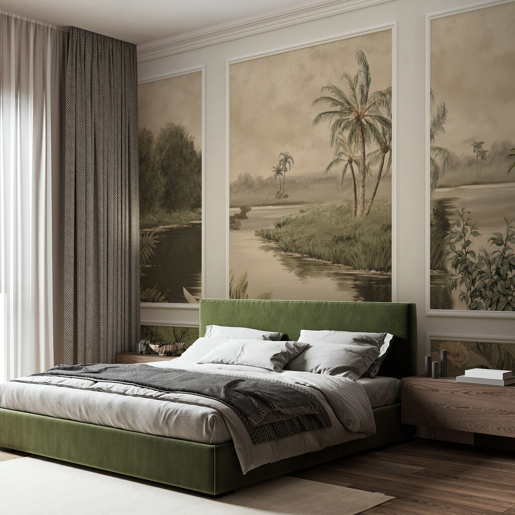 A wall with a painting of trees and a river A wall with a painting of trees and a river